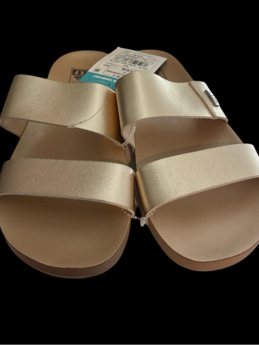Reef Women’s Metallic Gold Double-Strap Slide Sandals, size 8, NWT
